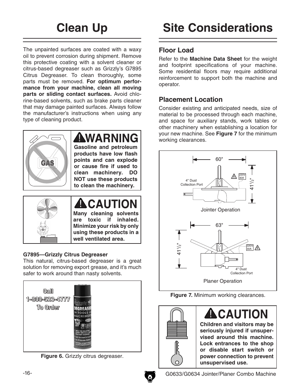 Site considerations clean up, Floor load, Placement location | Grizzly G0633/G0634 User Manual | Page 18 / 72