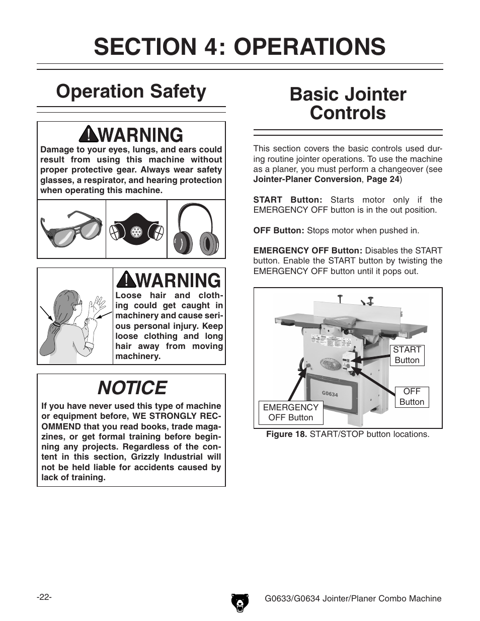 Operation safety, Notice, Basic jointer controls | Grizzly G0633/G0634 User Manual | Page 24 / 72