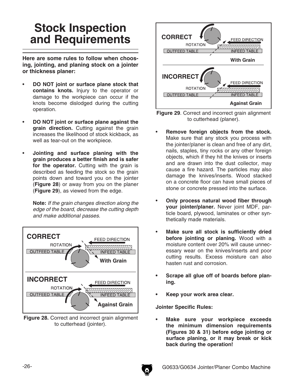 Stock inspection and requirements | Grizzly G0633/G0634 User Manual | Page 28 / 72