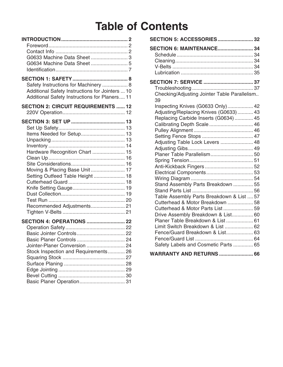 Grizzly G0633/G0634 User Manual | Page 3 / 72