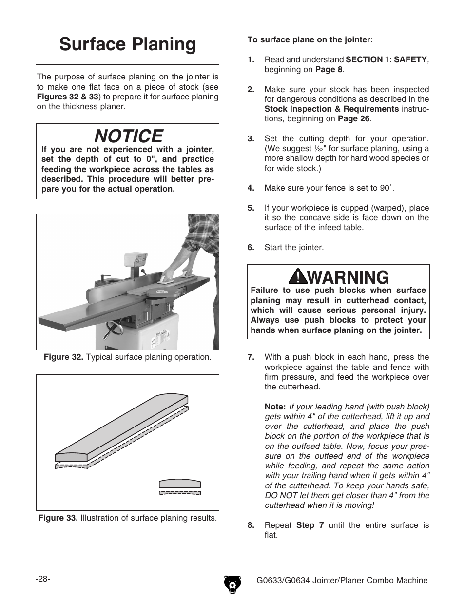 Notice, Surface planing | Grizzly G0633/G0634 User Manual | Page 30 / 72