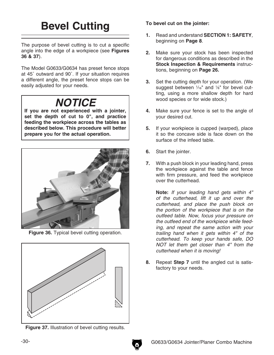 Notice, Bevel cutting | Grizzly G0633/G0634 User Manual | Page 32 / 72