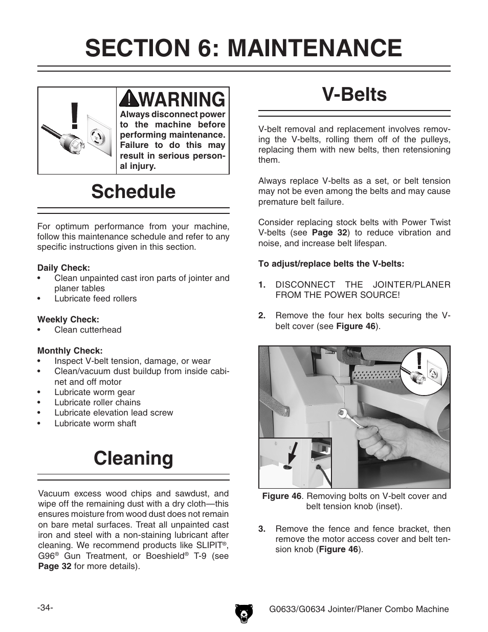 Schedule, Cleaning v-belts | Grizzly G0633/G0634 User Manual | Page 36 / 72