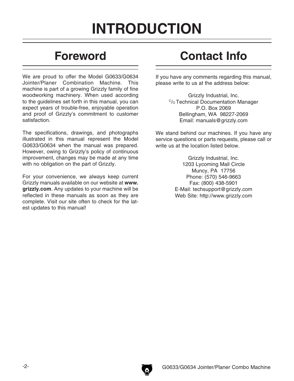Introduction, Foreword, Contact info | Grizzly G0633/G0634 User Manual | Page 4 / 72