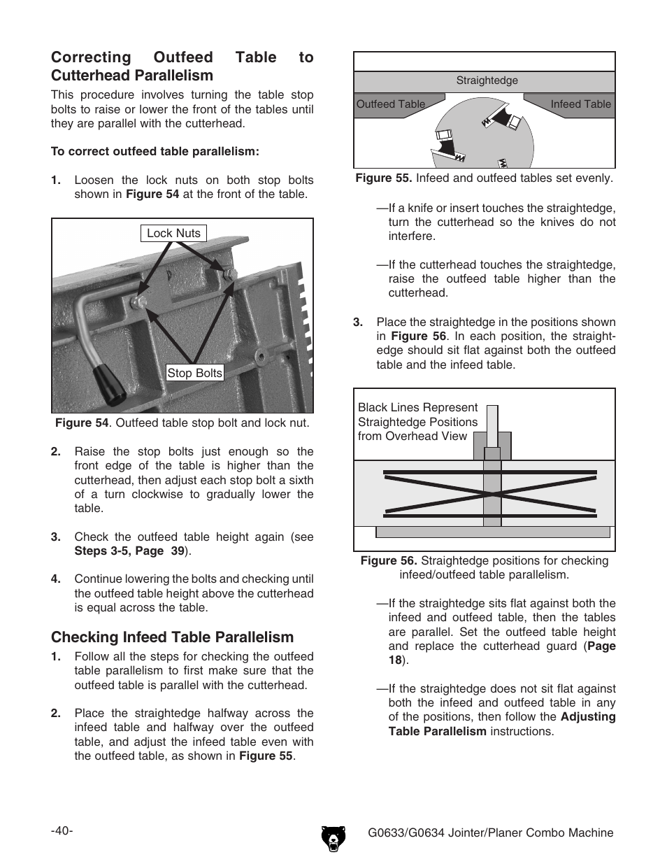 Checking infeed table parallelism, Correcting outfeed table to cutterhead parallelism | Grizzly G0633/G0634 User Manual | Page 42 / 72