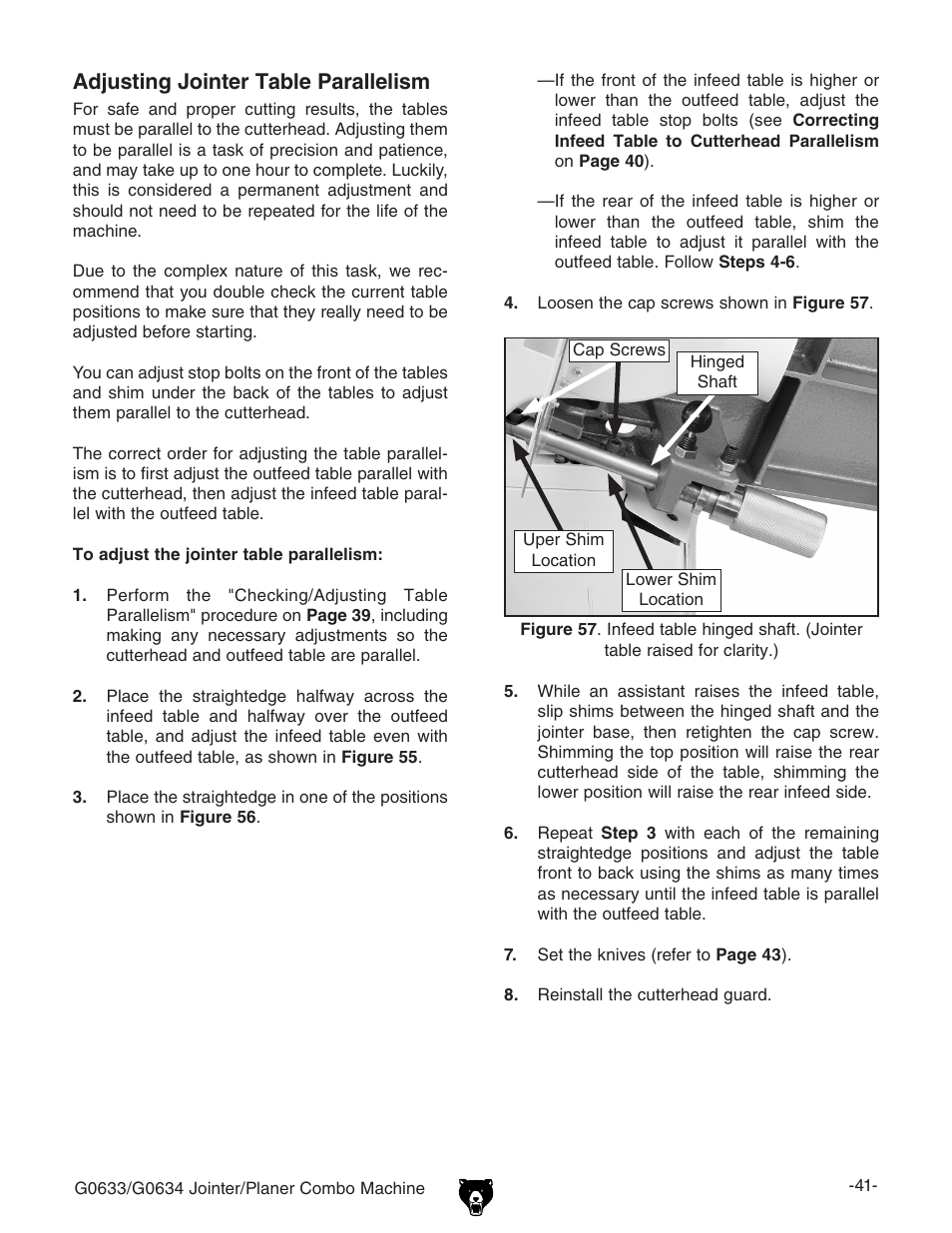 Adjusting jointer table parallelism | Grizzly G0633/G0634 User Manual | Page 43 / 72