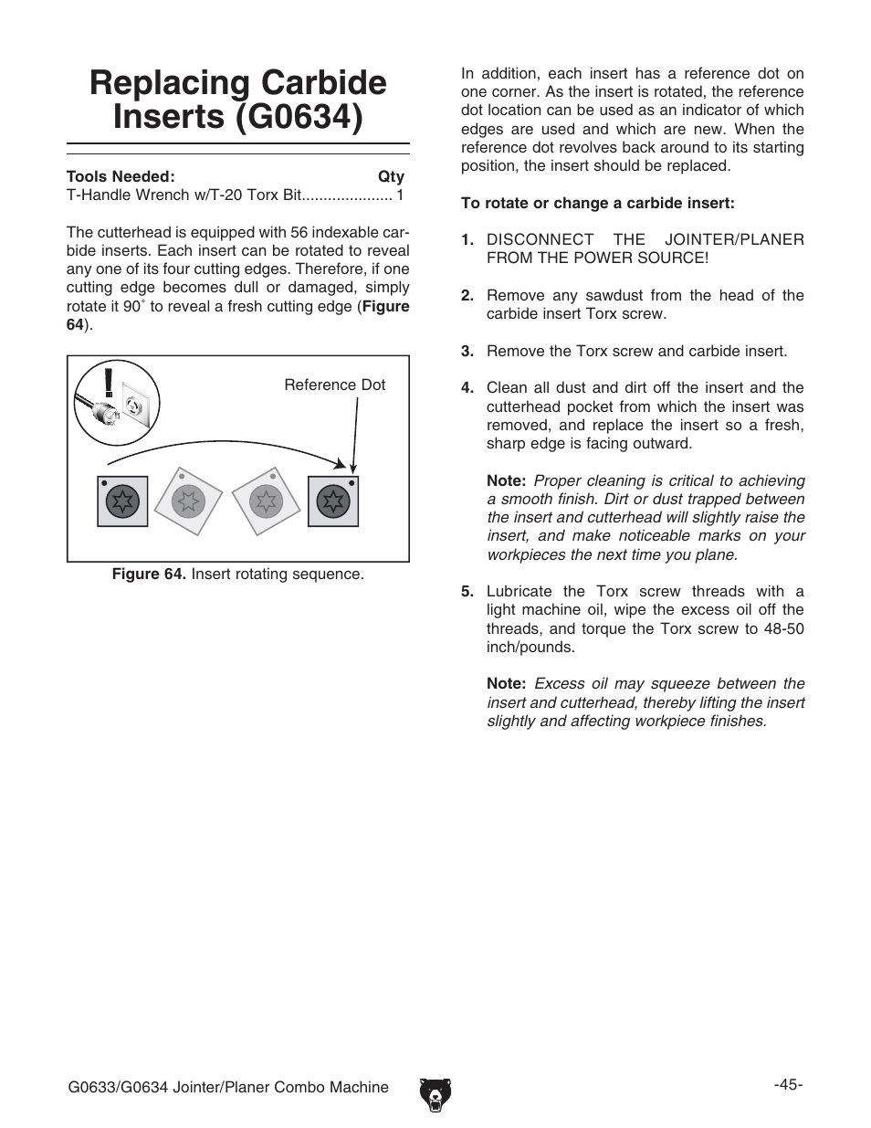 Replacing carbide inserts (g0634) | Grizzly G0633/G0634 User Manual | Page 47 / 72