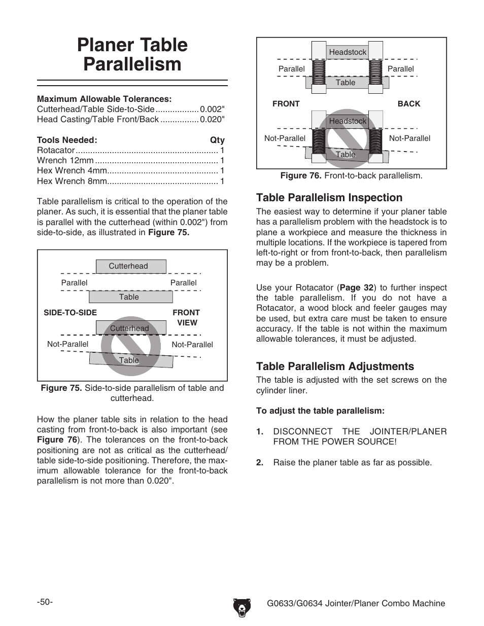 Planer table parallelism, Table parallelism inspection, Table parallelism adjustments | Grizzly G0633/G0634 User Manual | Page 52 / 72