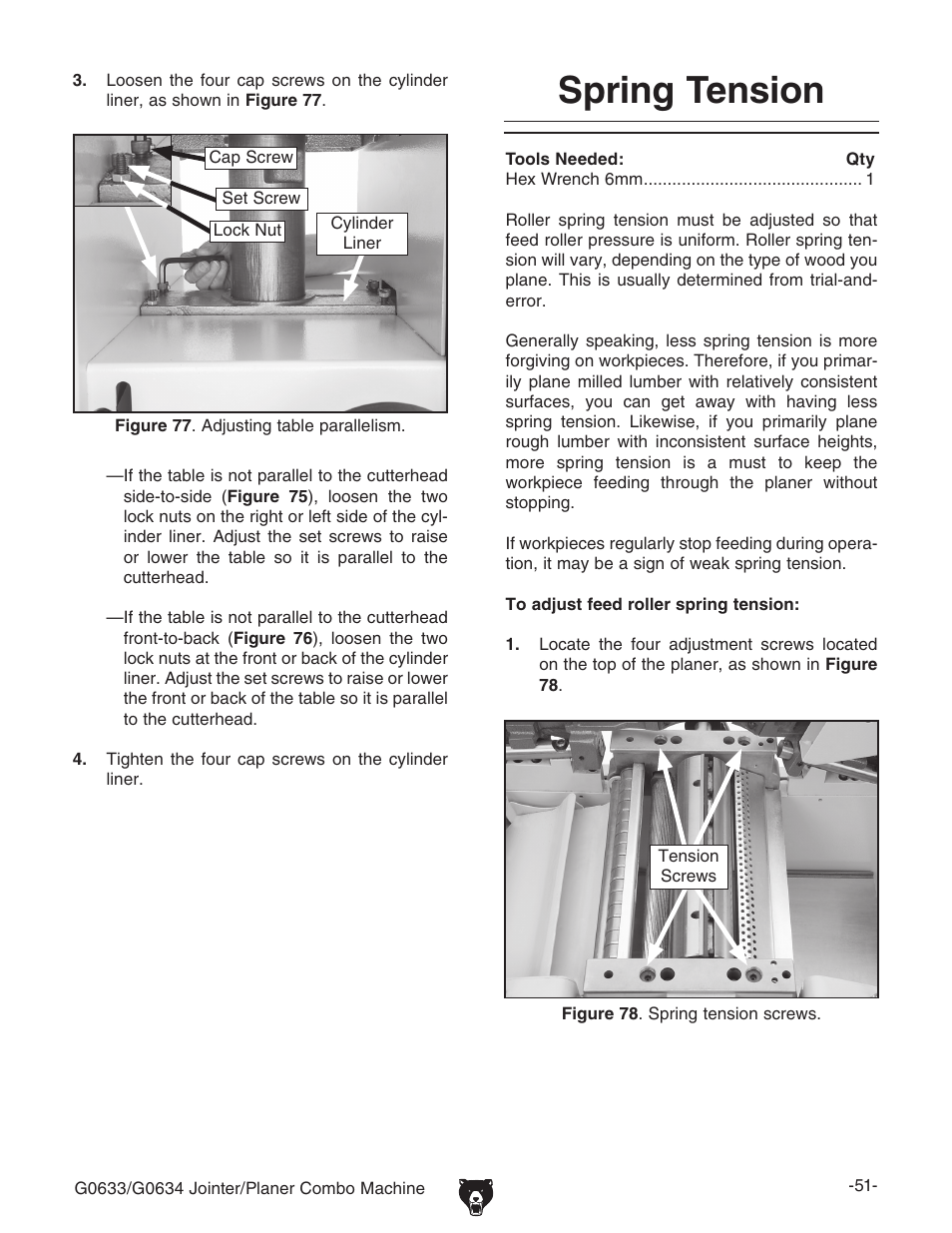 Spring tension | Grizzly G0633/G0634 User Manual | Page 53 / 72