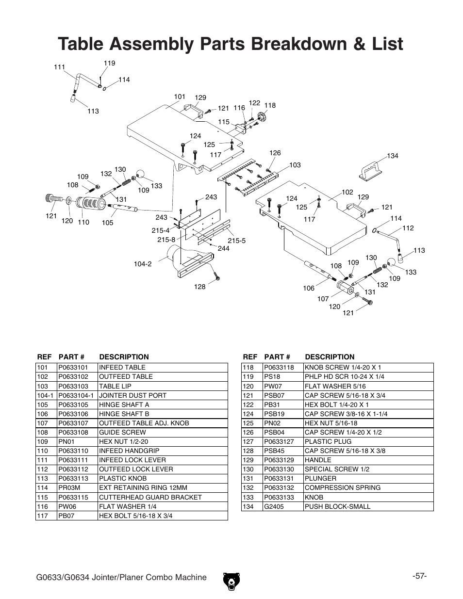 Table assembly parts breakdown & list | Grizzly G0633/G0634 User Manual | Page 59 / 72