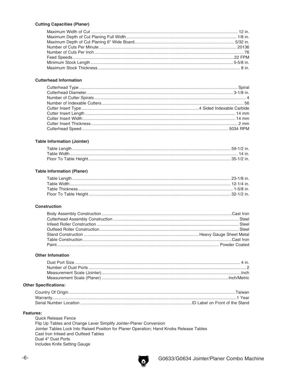 Grizzly G0633/G0634 User Manual | Page 8 / 72