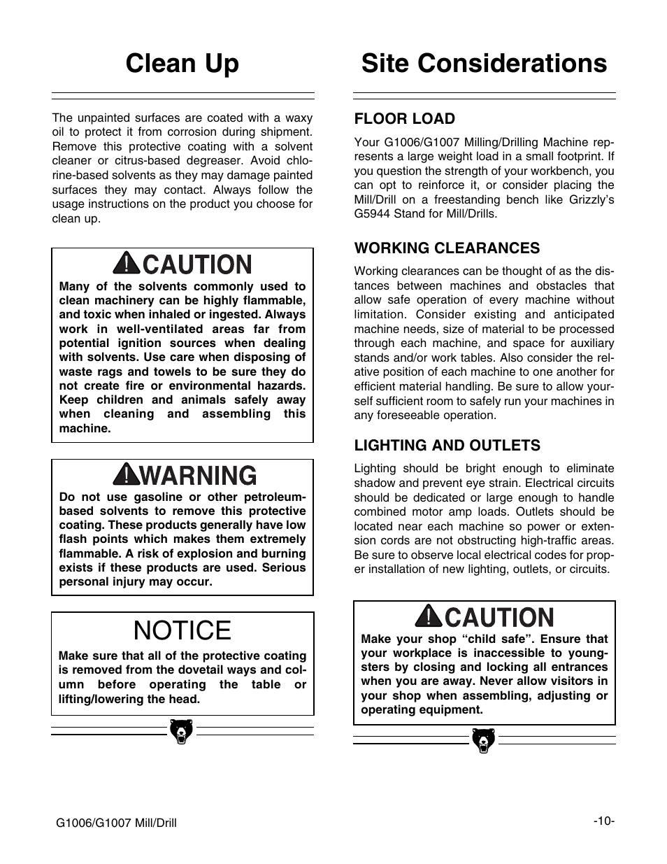 Clean up, Site considerations, Notice | Grizzly G1006 User Manual | Page 10 / 23