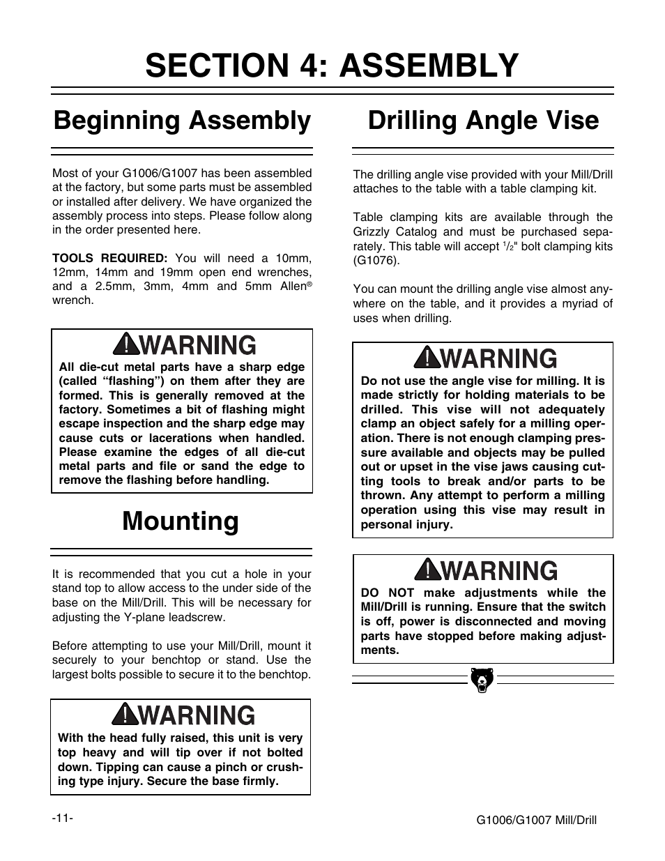Beginning assembly, Mounting, Drilling angle vise | Grizzly G1006 User Manual | Page 11 / 23