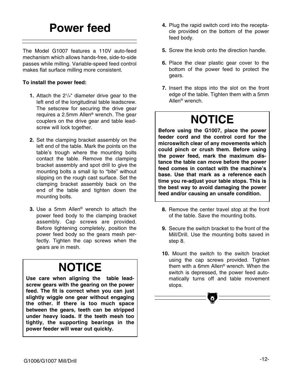 Power feed, Notice | Grizzly G1006 User Manual | Page 12 / 23