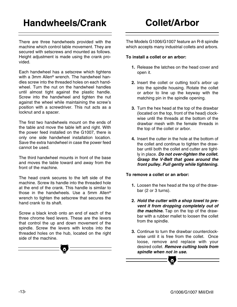 Handwheels/crank, Collet/arbor | Grizzly G1006 User Manual | Page 13 / 23