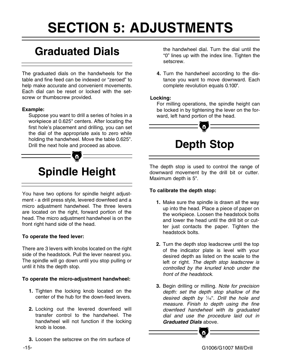 Graduated dials, Spindle height, Depth stop | Grizzly G1006 User Manual | Page 15 / 23