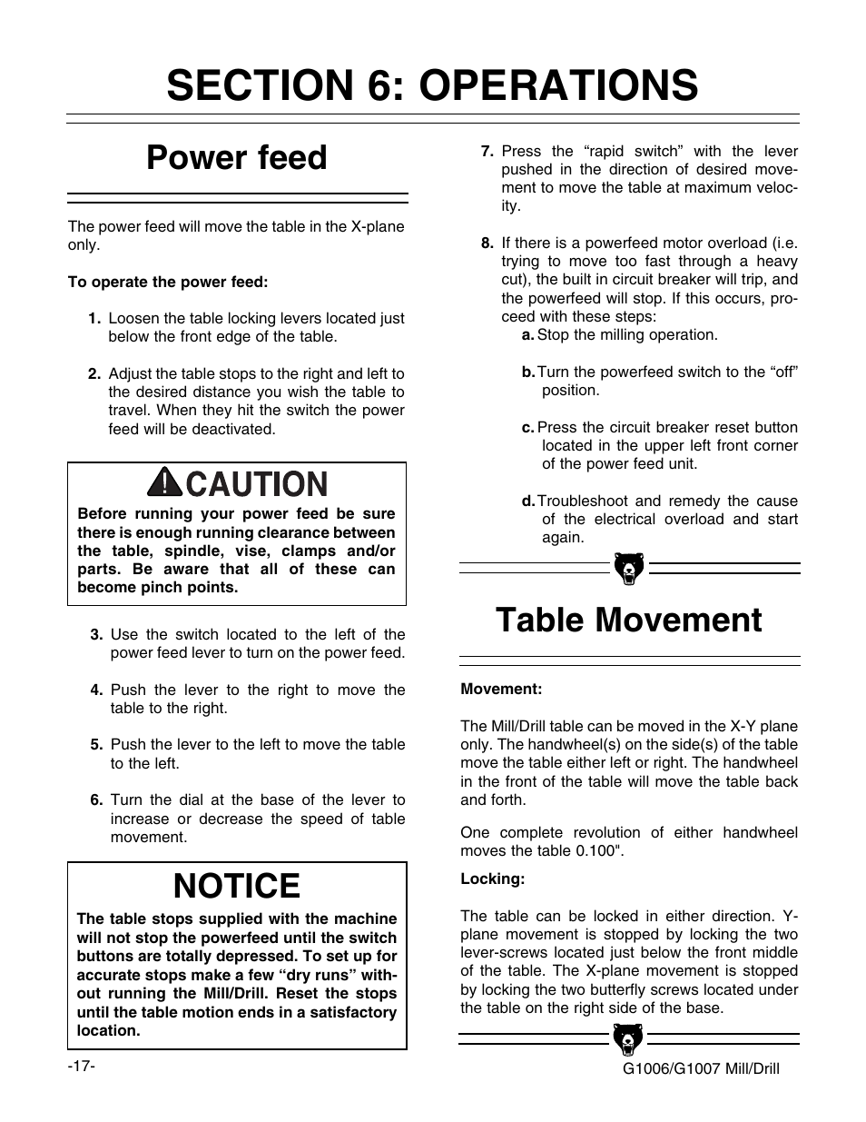 Power feed, Table movement, Notice | Grizzly G1006 User Manual | Page 17 / 23