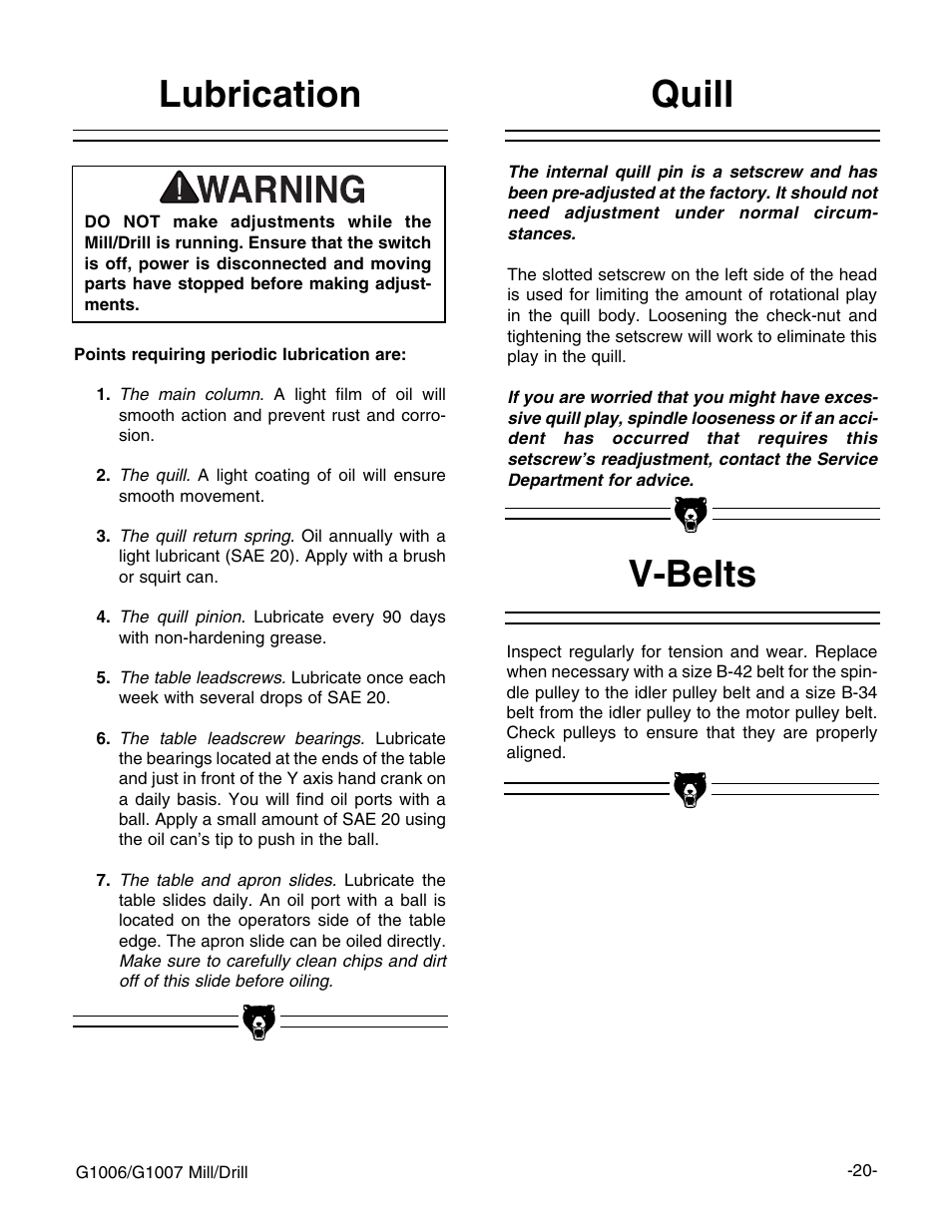 V-belts, Lubrication, Quill | Grizzly G1006 User Manual | Page 20 / 23