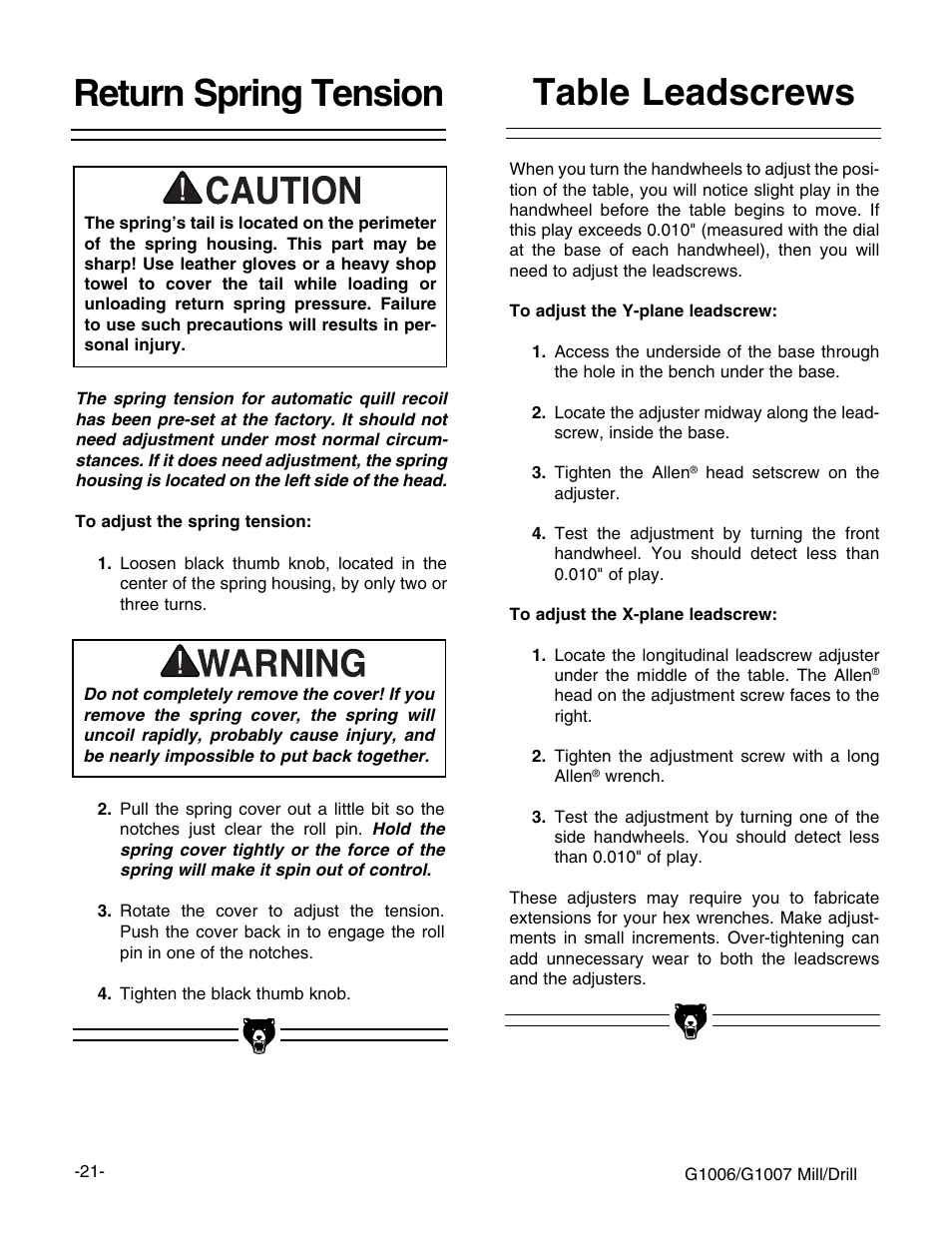 Return spring tension, Table leadscrews | Grizzly G1006 User Manual | Page 21 / 23