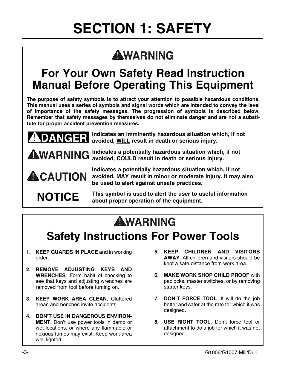 Safety instructions for power tools, Notice | Grizzly G1006 User Manual | Page 3 / 23