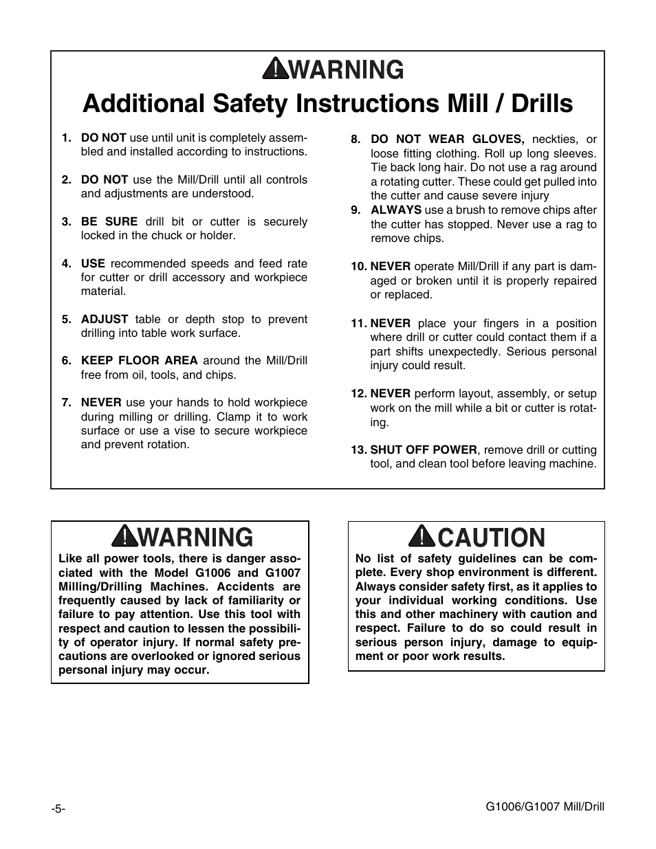 Additional safety instructions mill / drills | Grizzly G1006 User Manual | Page 5 / 23