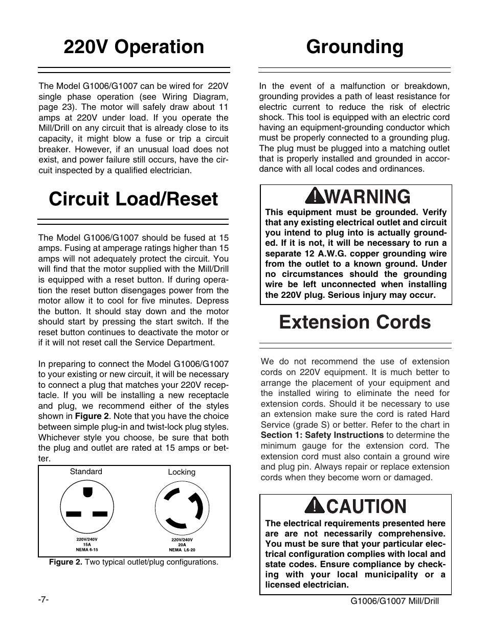 Extension cords, 220v operation, Circuit load/reset | Grounding | Grizzly G1006 User Manual | Page 7 / 23