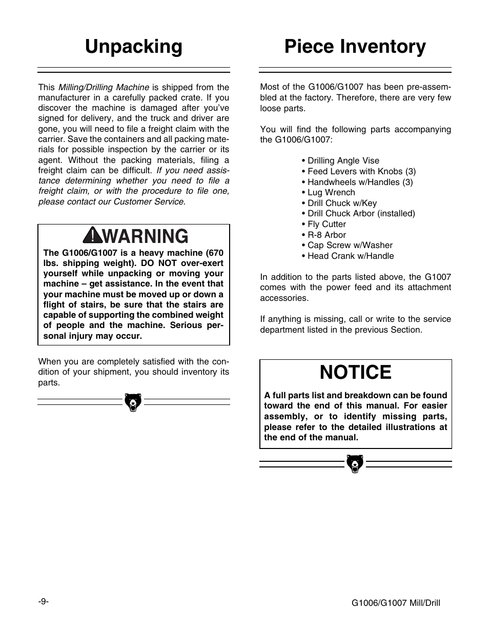 Unpacking, Piece inventory, Notice | Grizzly G1006 User Manual | Page 9 / 23