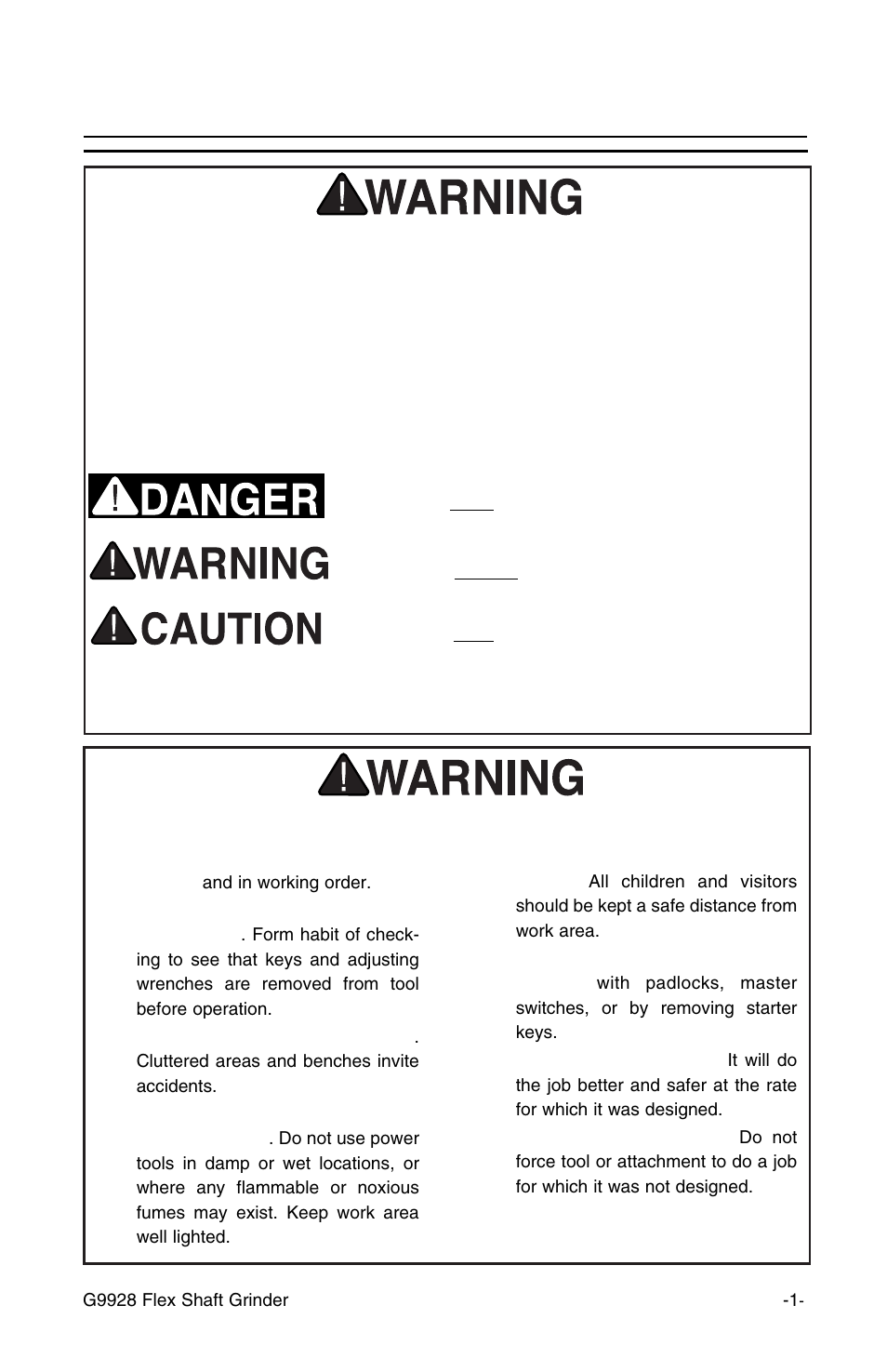 Safety, Notice, Safety instructions for power tools | Grizzly Flex Shaft G9928 User Manual | Page 3 / 12