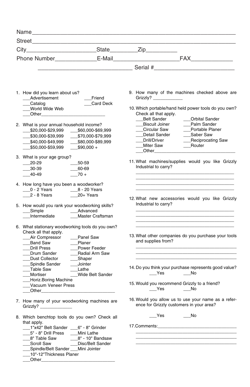 Warranty card, Name, Street | City, State, Phone number, E-mail, Model, Serial | Grizzly Flex Shaft G9928 User Manual | Page 9 / 12