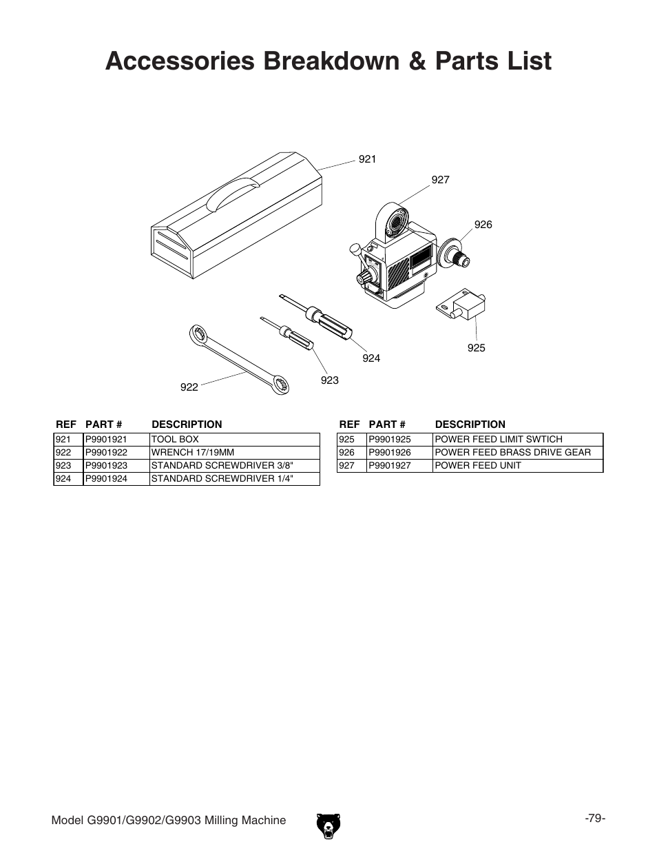Accessories breakdown & parts list | Grizzly Milling Machine G9901 User Manual | Page 14 / 15