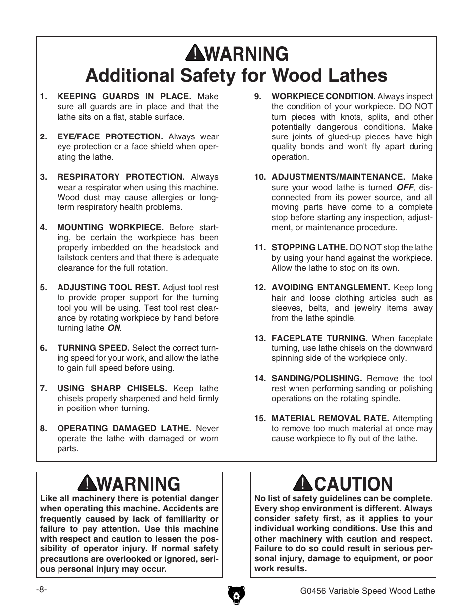 Additional safety for wood lathes | Grizzly G0456 User Manual | Page 10 / 48