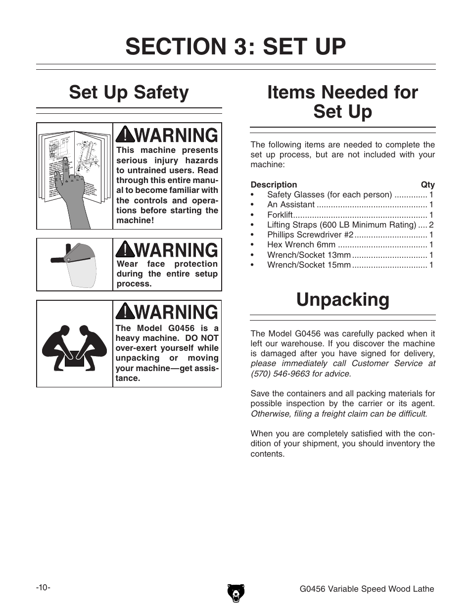 Unpacking set up safety, Items needed for set up | Grizzly G0456 User Manual | Page 12 / 48