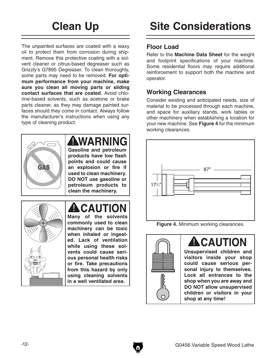 Site considerations, Clean up, Floor load | Working clearances | Grizzly G0456 User Manual | Page 14 / 48
