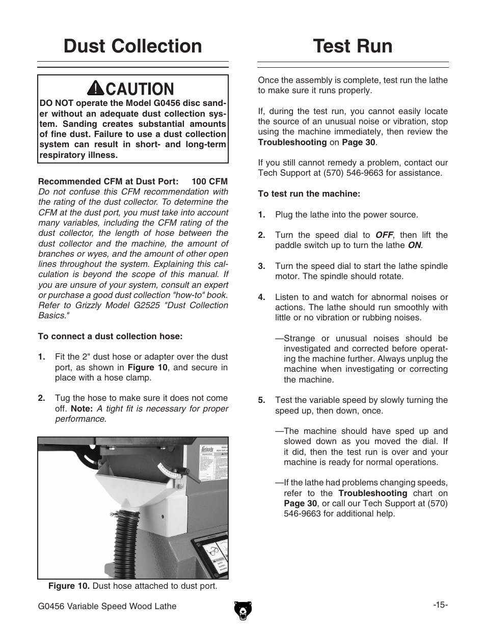 Dust collection, Test run | Grizzly G0456 User Manual | Page 17 / 48