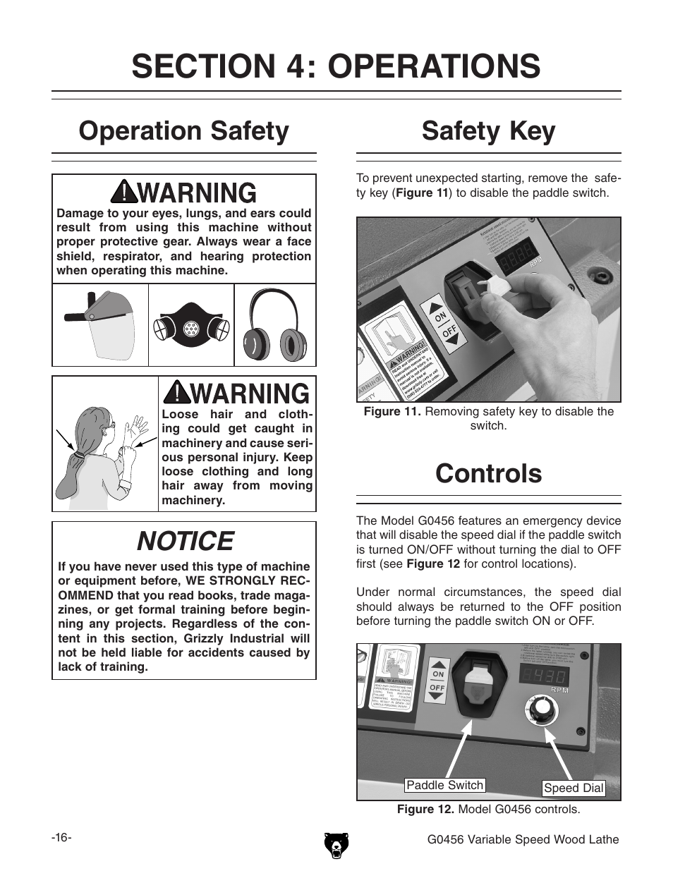 Operation safety, Notice, Safety key | Controls | Grizzly G0456 User Manual | Page 18 / 48