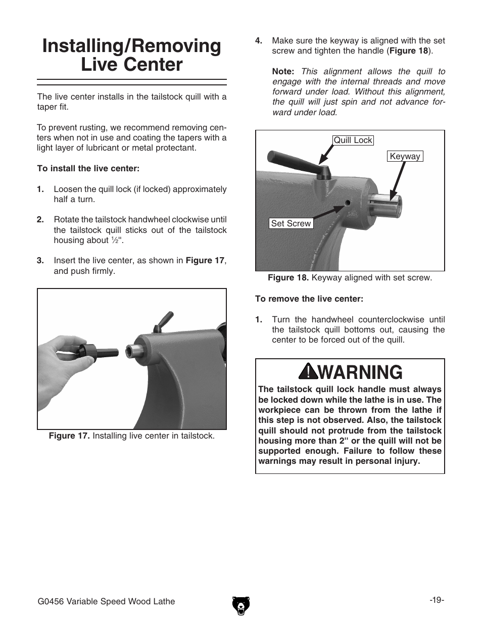 Installing/removing live center | Grizzly G0456 User Manual | Page 21 / 48