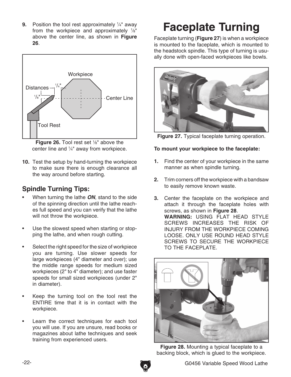 Faceplate turning, Spindle turning tips | Grizzly G0456 User Manual | Page 24 / 48