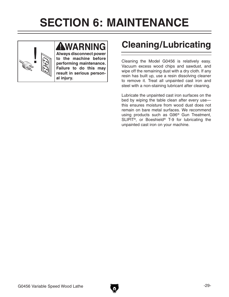 Cleaning/lubricating | Grizzly G0456 User Manual | Page 31 / 48