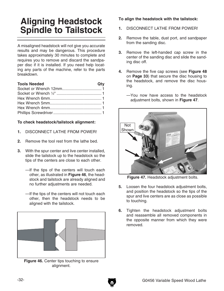 Aligning headstock spindle to tailstock | Grizzly G0456 User Manual | Page 34 / 48