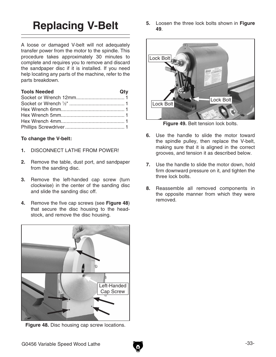 Replacing v-belt | Grizzly G0456 User Manual | Page 35 / 48