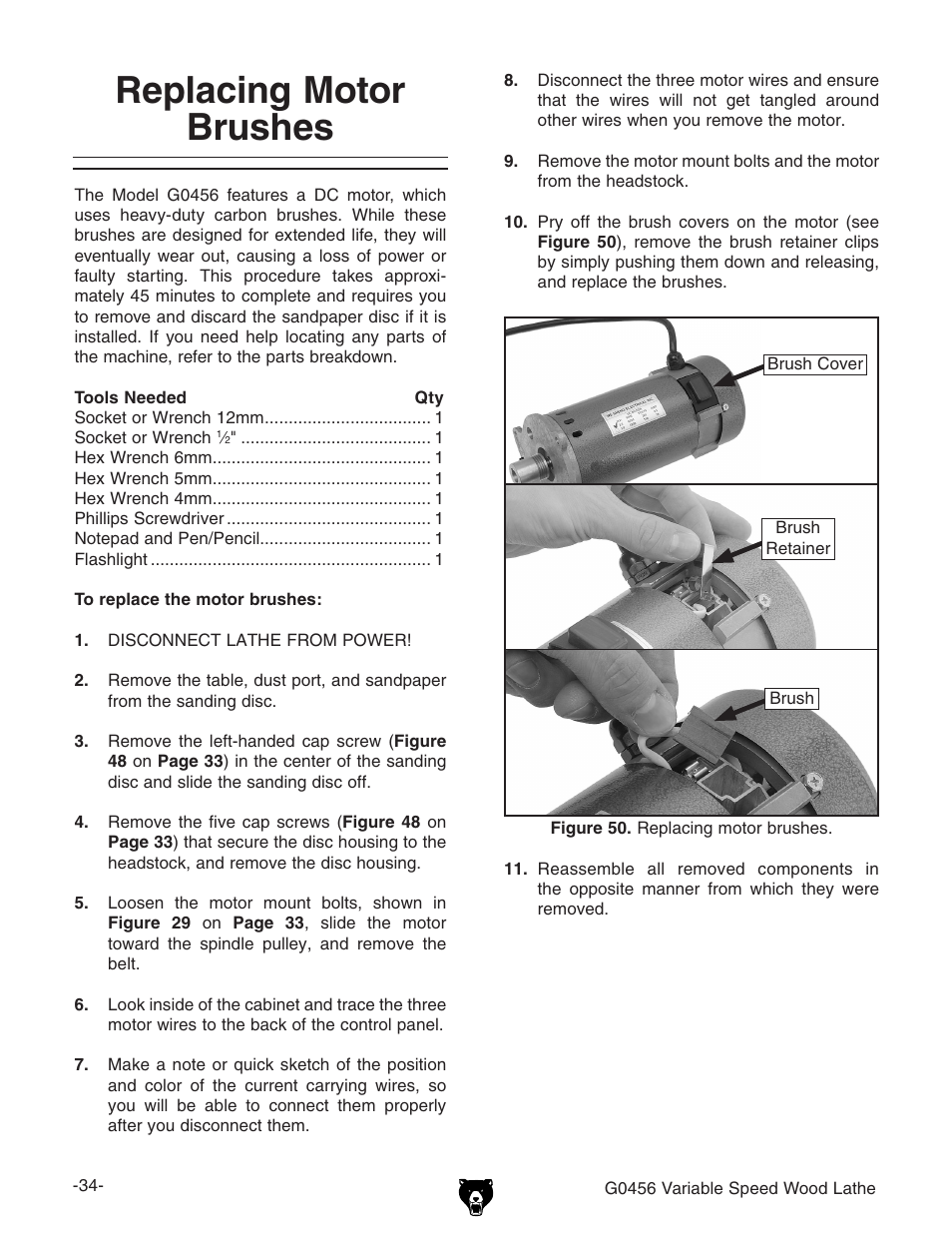 Replacing motor brushes | Grizzly G0456 User Manual | Page 36 / 48