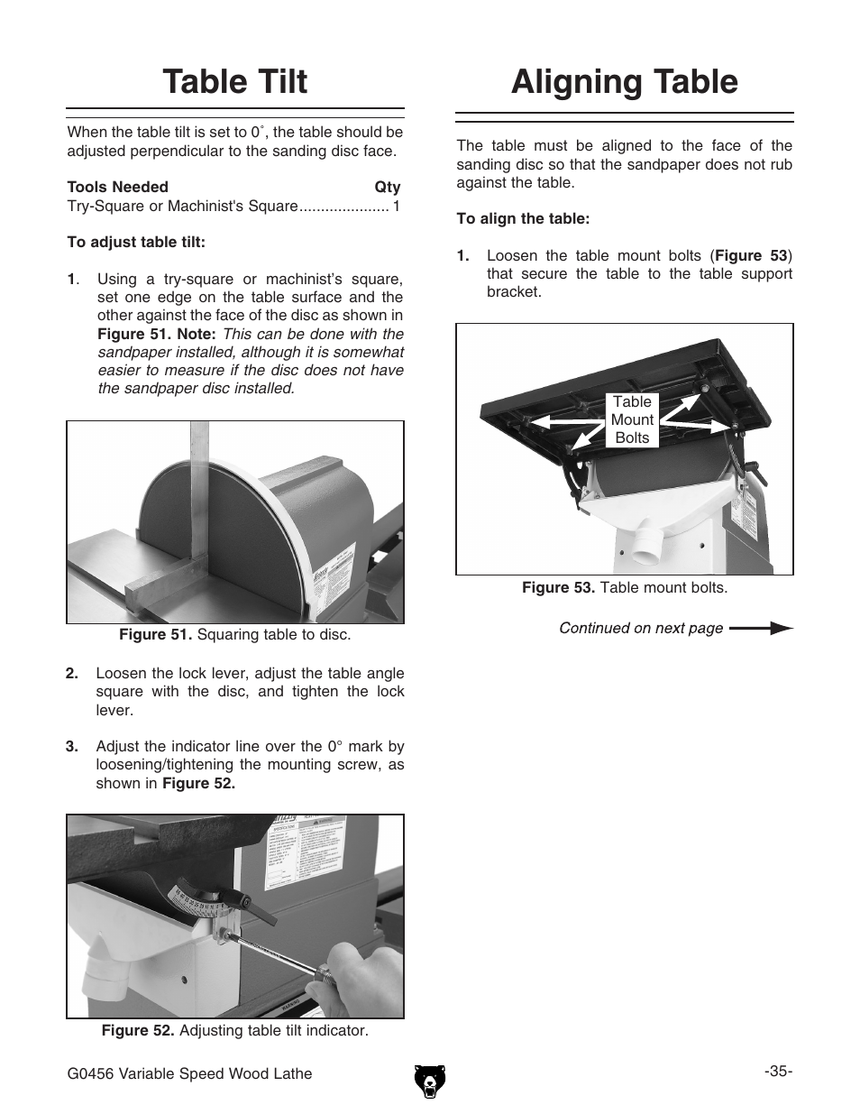 Table tilt, Aligning table | Grizzly G0456 User Manual | Page 37 / 48