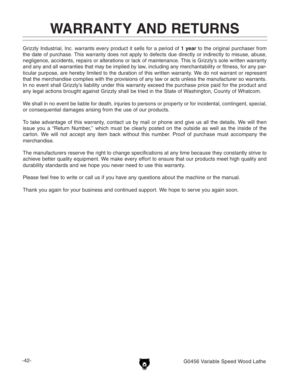 Warranty and returns | Grizzly G0456 User Manual | Page 44 / 48