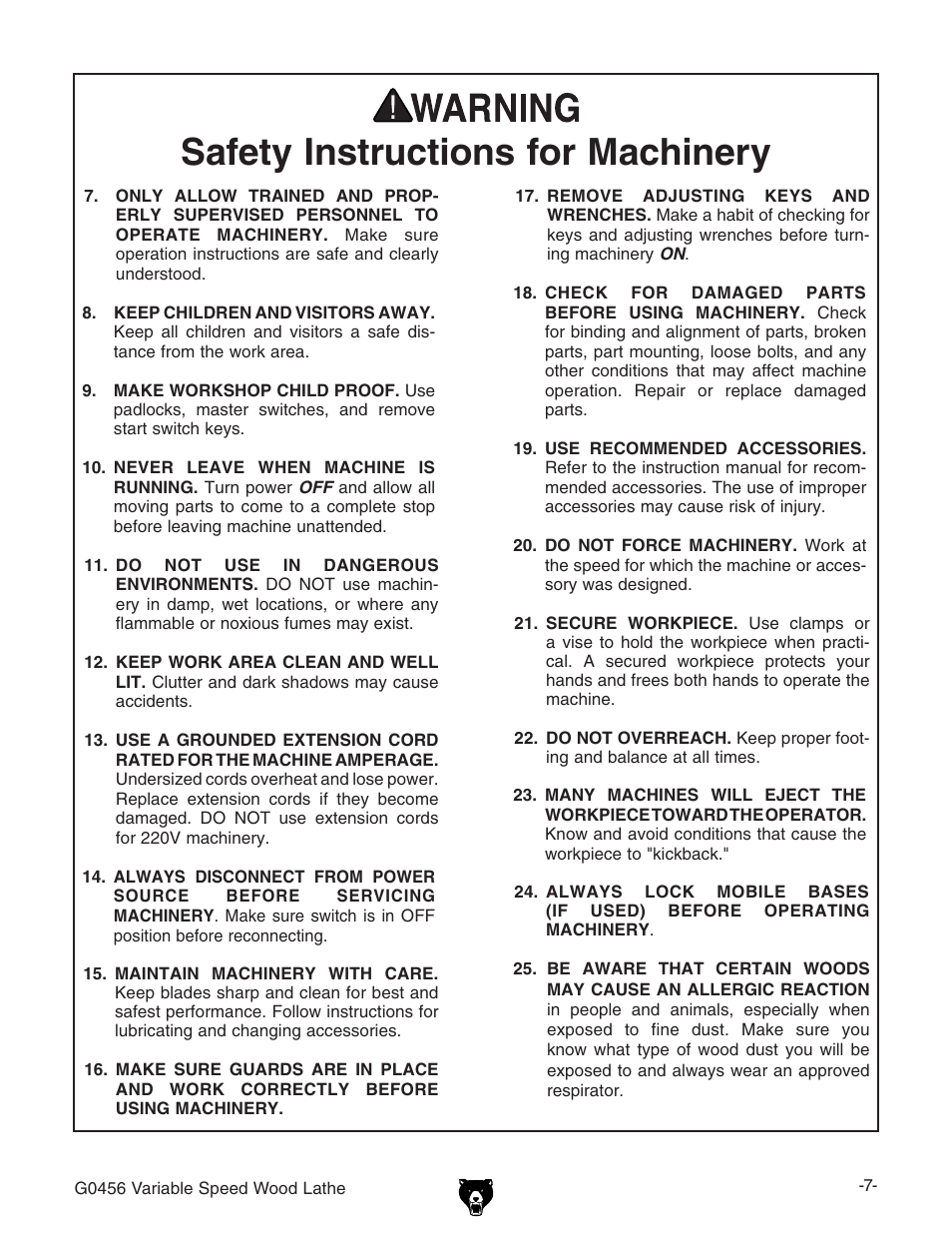 Safety instructions for machinery | Grizzly G0456 User Manual | Page 9 / 48
