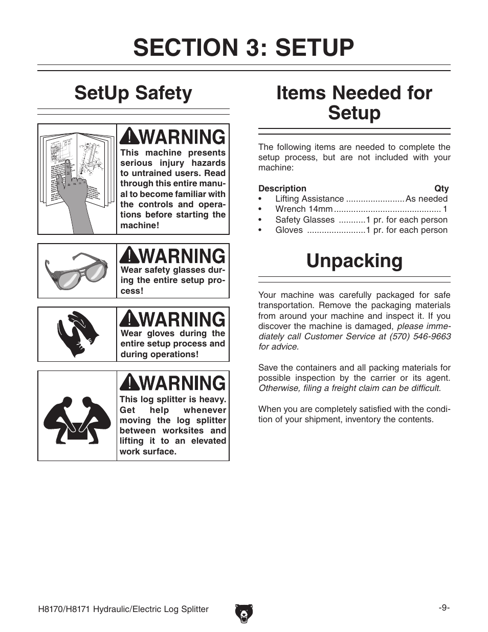 Setup safety, Items needed for setup, Unpacking | Grizzly H8170/H8171 User Manual | Page 11 / 32