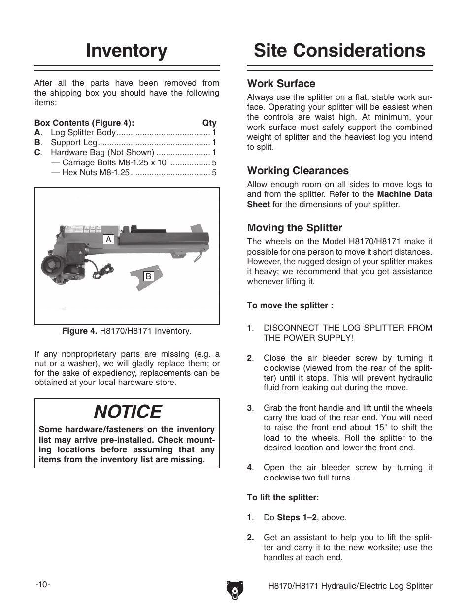 Inventory, Notice, Site considerations | Grizzly H8170/H8171 User Manual | Page 12 / 32