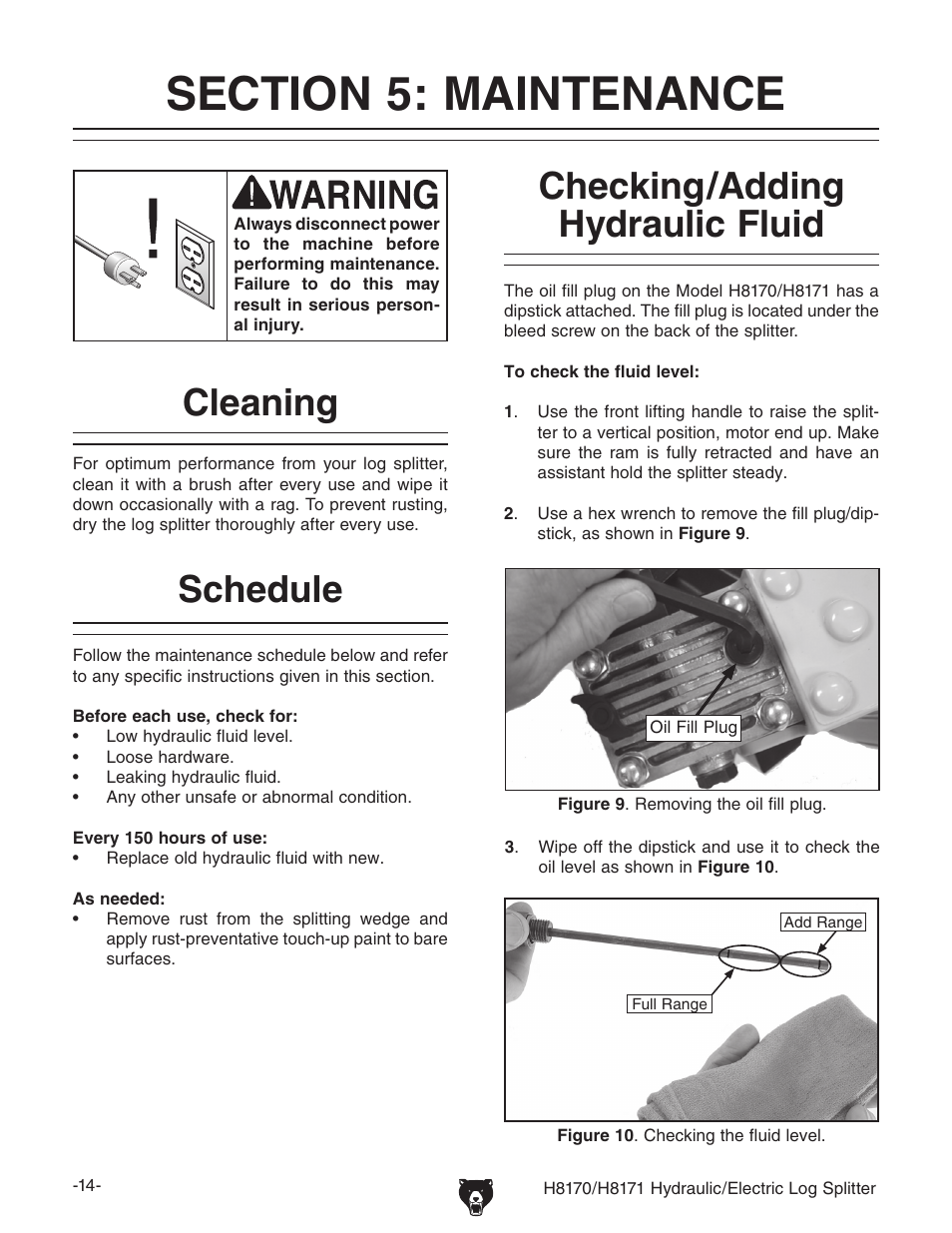 Schedule checking/adding hydraulic fluid, Cleaning | Grizzly H8170/H8171 User Manual | Page 16 / 32