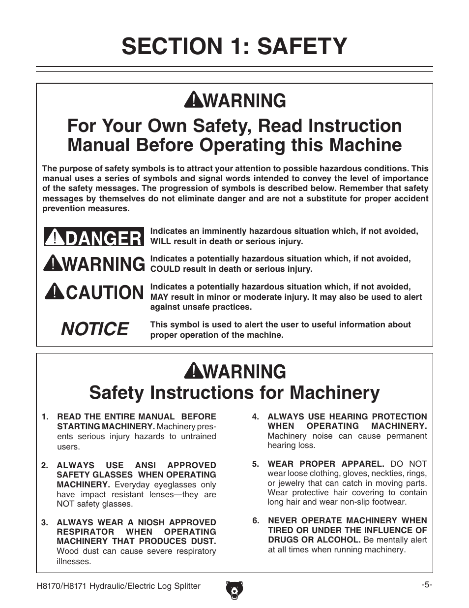 Safety instructions for machinery | Grizzly H8170/H8171 User Manual | Page 7 / 32