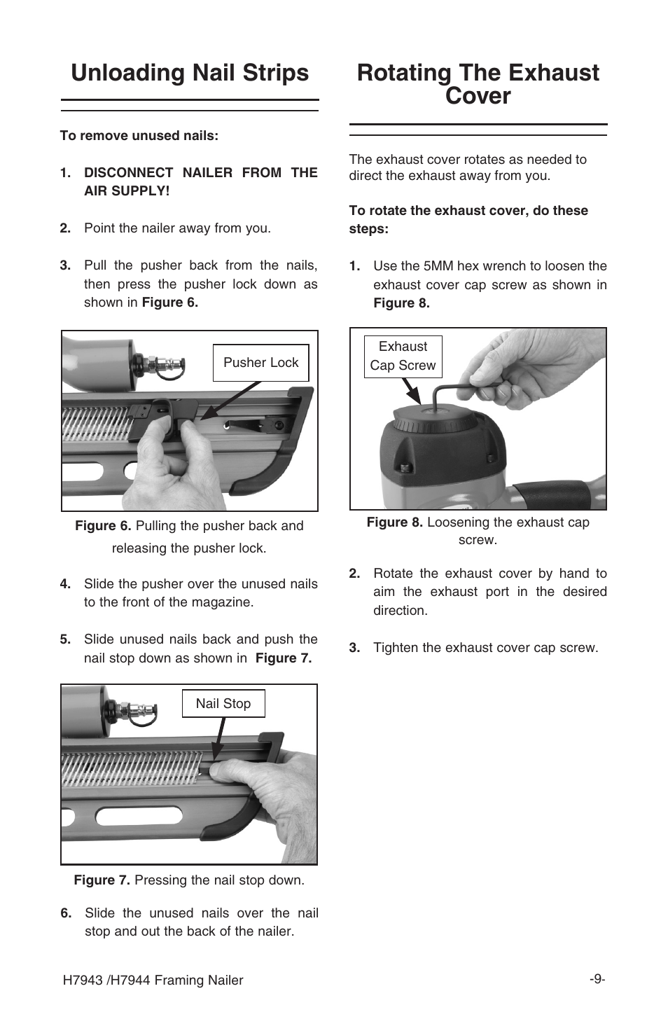 Unloading nail strips, Rotating the exhaust cover | Grizzly H7943/H7944 User Manual | Page 11 / 24