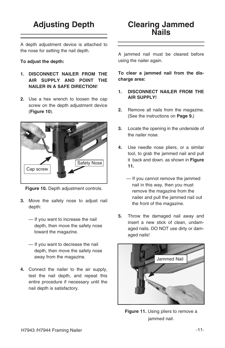 Clearing jammed nails, Adjusting depth | Grizzly H7943/H7944 User Manual | Page 13 / 24